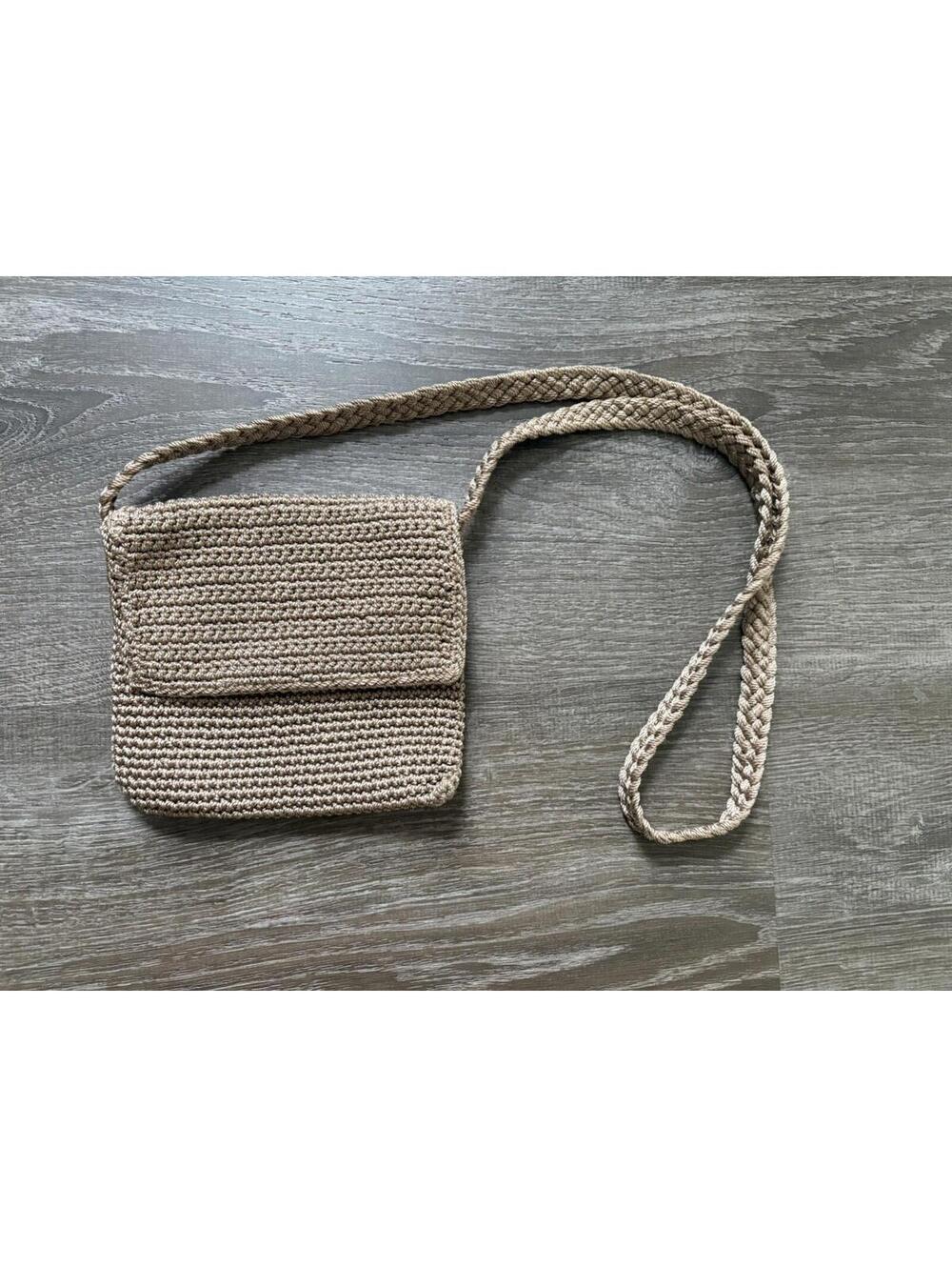 THE SAK Small Taupe Crossbody Knit Crochet Bag Purse Flap Woven Shoulder Zip